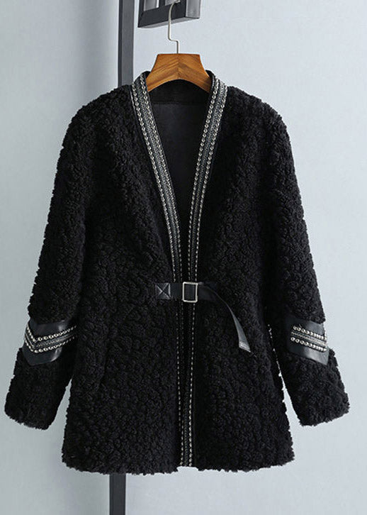 Black V Neck Patchwork Sashes Faux Fur Coat Winter