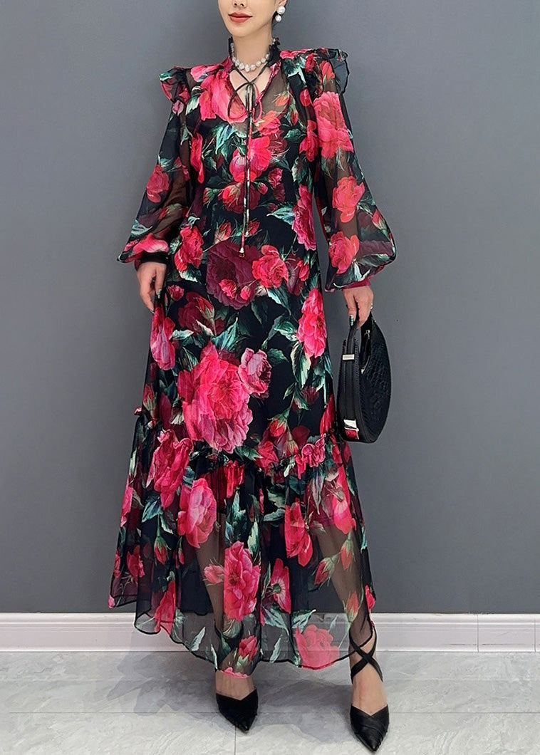 Red Tie Lace Print Chiffon Maxi Dresses Fall