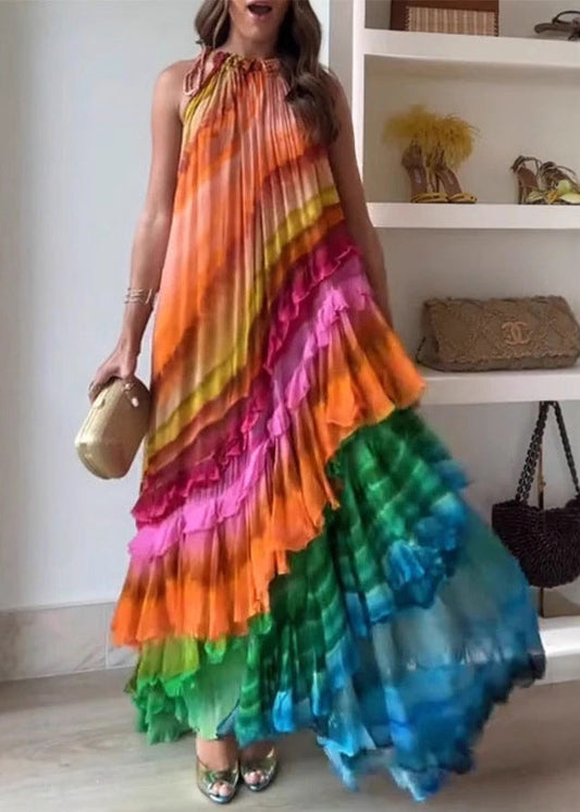 Rainbow Wrinkled Lace Up Cotton Maxi Dresses Sleeveless