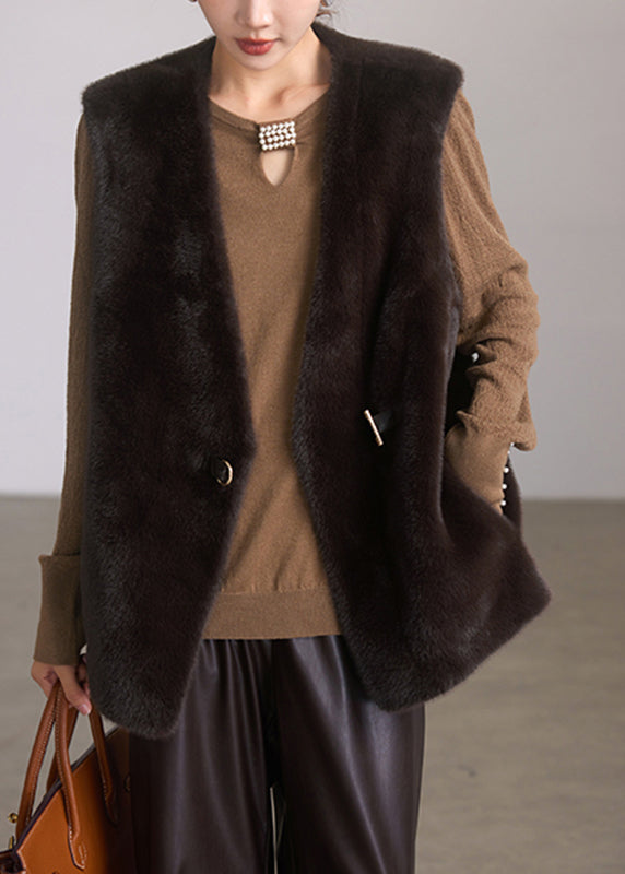 Brief Coffee V Neck Leather and Fur Waistcoat Spring