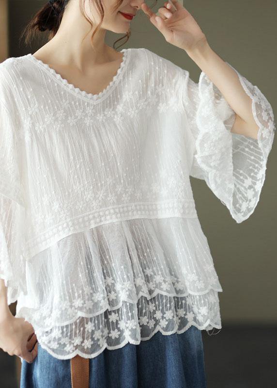 Loose Khaki O-neck Embroideried Patchwork Summer Shirts Half Sleeve