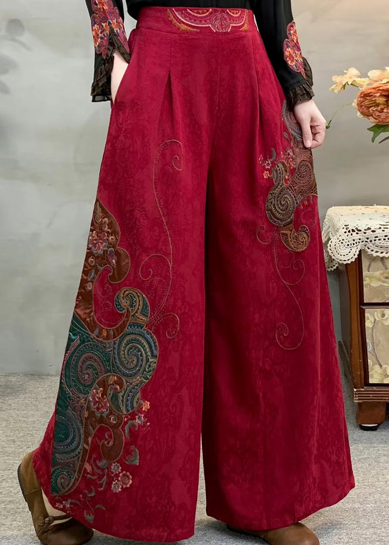 Red Embroidered Pockets Warm Fleece Pants Winter