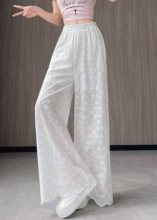 New White Hollow Out Elastic Waist Thin Cotton Wide Leg Pants Fall