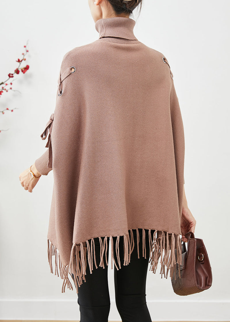 Khaki High Neck Oversized Tasseled Knitted Tops Batwing Sleeve