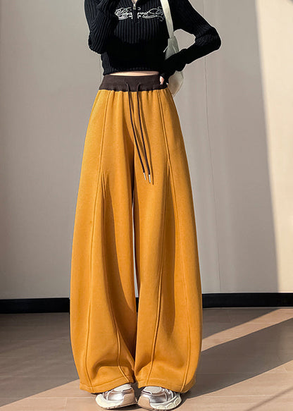 Yellow Elastic Waist Patchwork Warm Fleece Pants Winter