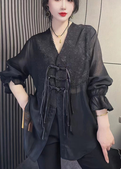 Simple Black V Neck Chiffon Shirts Fall