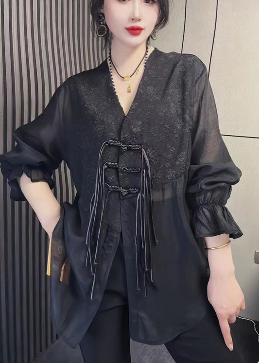 Simple Black V Neck Chiffon Shirts Fall