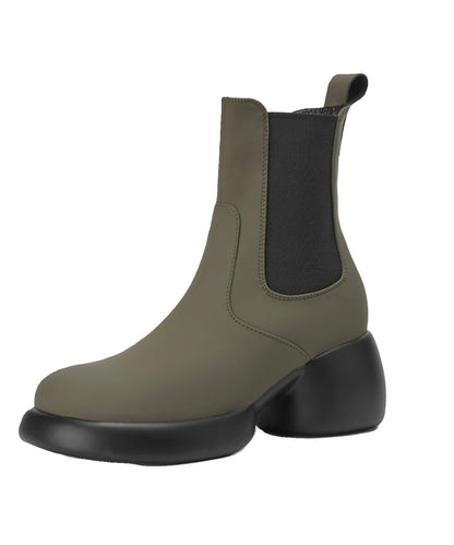 Army Green Boots Chunky Cowhide Leather Comfortable Splicing
