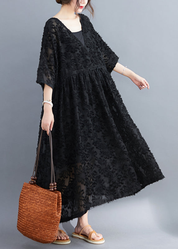 Black V Neck Embroideried Dress Two Pieces Set Half Sleeve