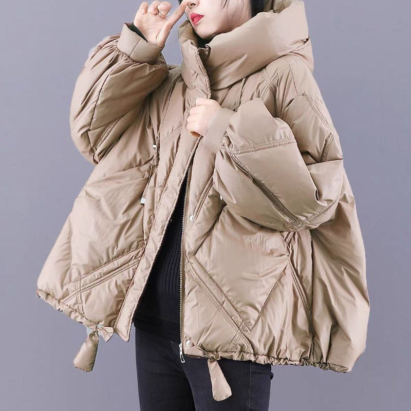 Black Hooded Loose Zippered Warm Winter Duck Down Jacket