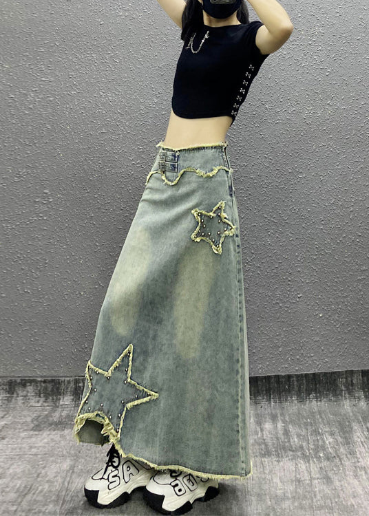 Blue Tasseled Nail Bead High Waist Denim Skirts Fall