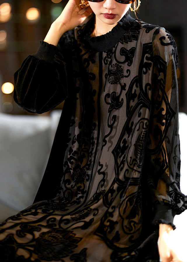 Black O-neck Embroideried Patchwork Silk Velour Maxi Dress Long Sleeve