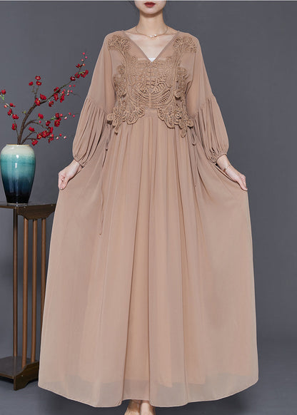 Coffee Lace Patchwork Tie Waist Chiffon Dresses Spring