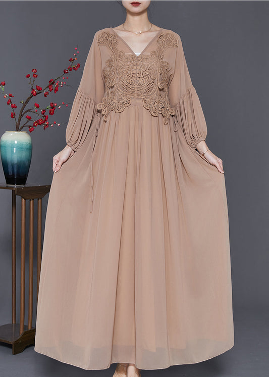Coffee Lace Patchwork Tie Waist Chiffon Dresses Spring