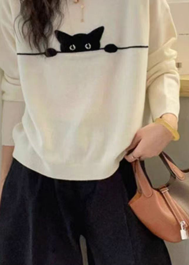 Grey O-neck Embroidered Cotton Knit Sweater Spring