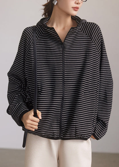 Loose Black Zippered Striped Hooded Coats Spring
