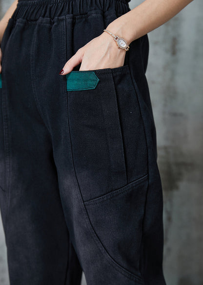 Black Pockets Warm Fleece Denim Pants Spring