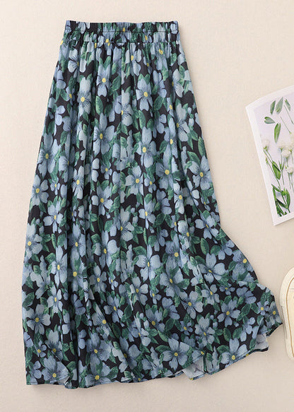 Blue Print Elastic Waist Cotton Skirts Summer