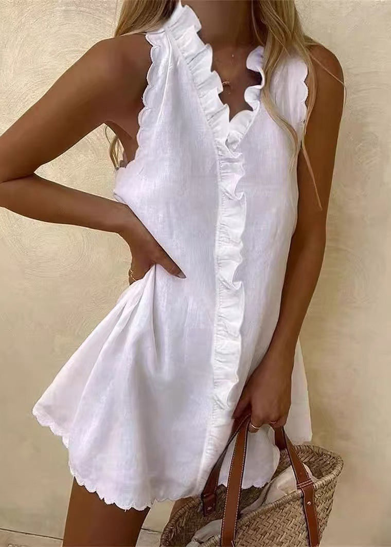 White Ruffled Cotton Mini Dresses Sleeveless
