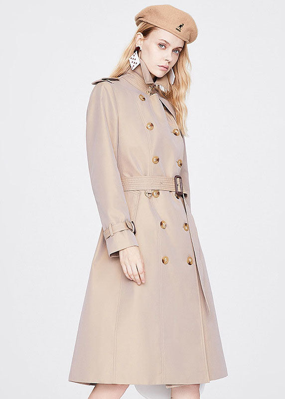 Khaki Peter Pan Collar Sashes Slim Fit Cotton Double Breast Coats Spring