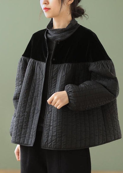 Black O-neck Button Patchwork Winter Jackets Long Sleeve