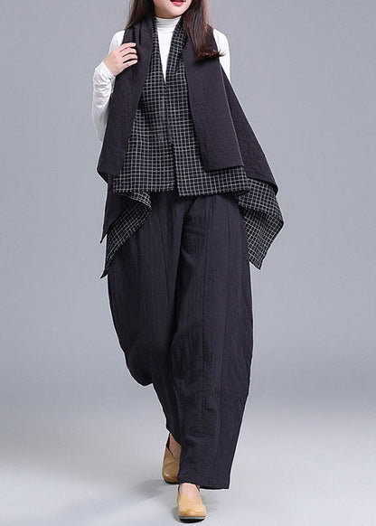 Style Black Patchwork Pockets Asymmetrical Design Fall Sleeveless Vest + Pants Two Pieces Set