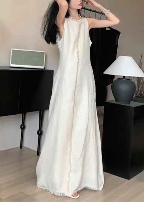 Apricot O-neck Cotton Long Dress Sleeveless