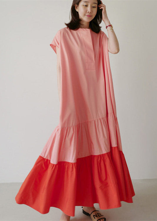 Natural O-neck Patchwork Pockets Wrinkled Cotton Long Dresses Short Sleeve