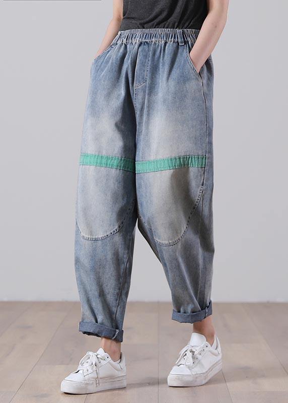 Blue Elastic Waist Harem Summer Cotton Pants