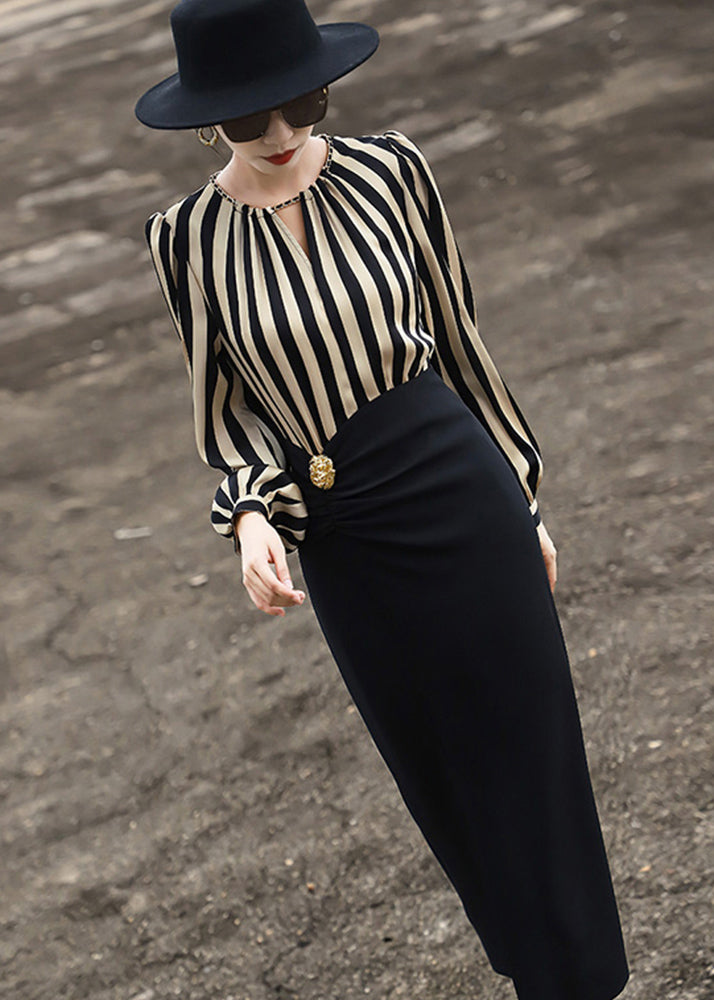 Striped Side Open Patchwork Cotton Long Dress Fall