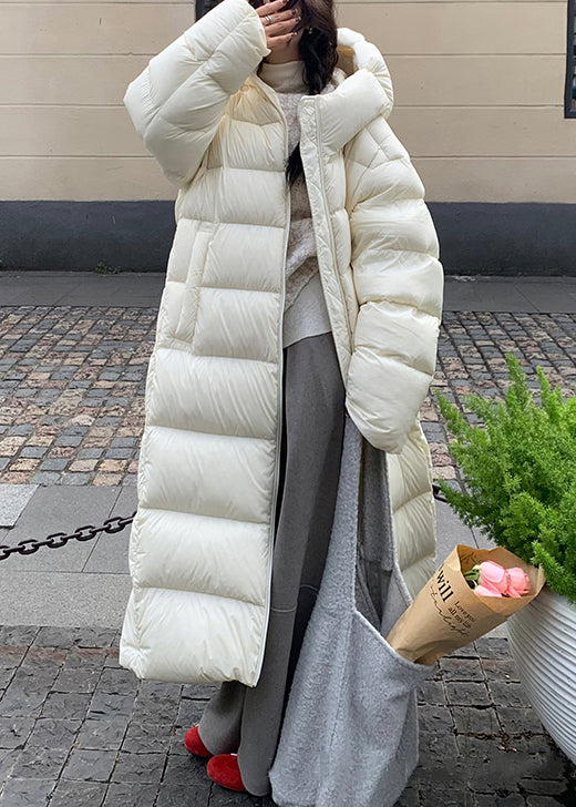White Hooded Zippered Pockets Duck Down Long Coat Winter