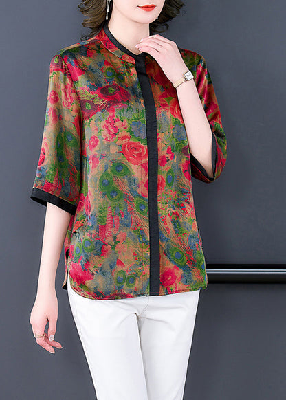 Style Red Stand Collar Patchwork Print Silk Blouses Half Sleeve