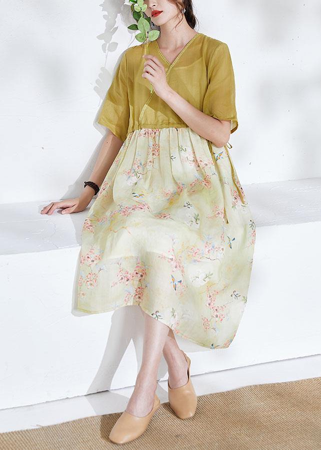 Natural Yellow Patchwork Print Summer Ramie Dresses Half Sleeve