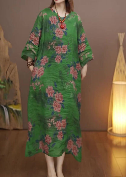 Green O-neck Print Long Dress Spring