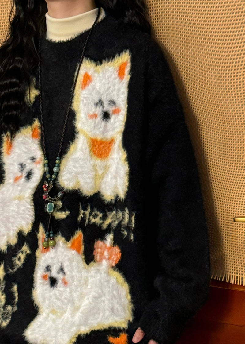 Apricot O-neck Little Dog Cozy Mink Hair Knitted Sweater Winter