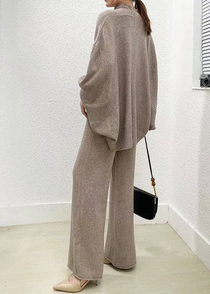 Classy Camel Sweaters and Wide Leg Pants Knit Two Piece Set Spring