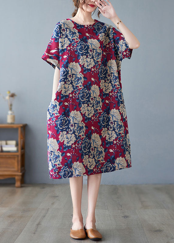 Diy Red O-neck Print Pockets Cotton Holiday Dress Short Sleeve