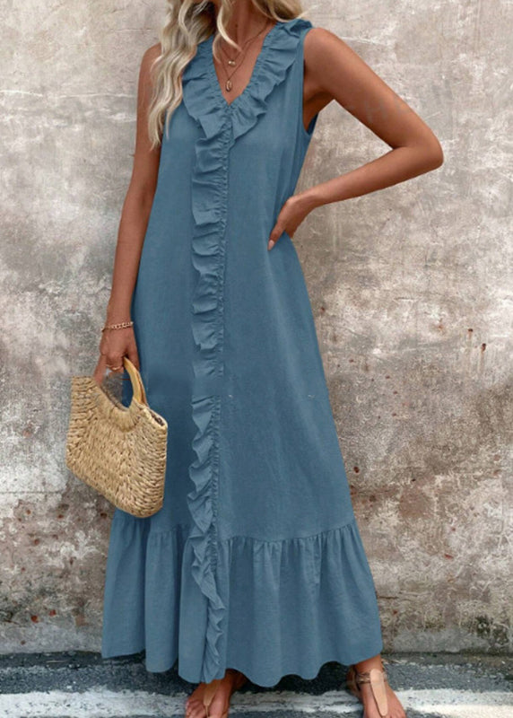 Apricot V Neck Ruffled Patchwork Maxi Dresses Summer