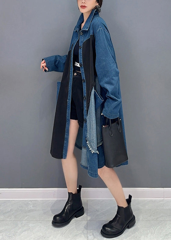 Blue Asymmetrical Button Pockets Denim Blouses Fall