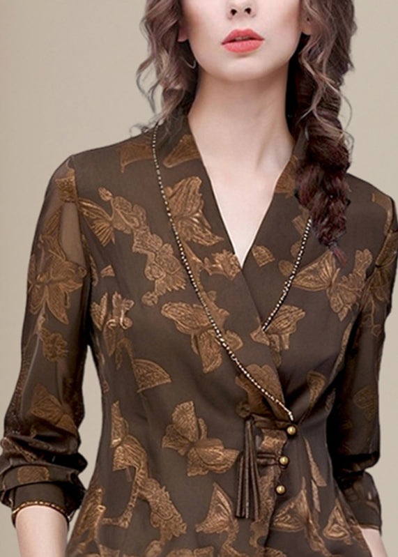 Stylish Coffee Notched Print Button Chiffon Shirt Spring