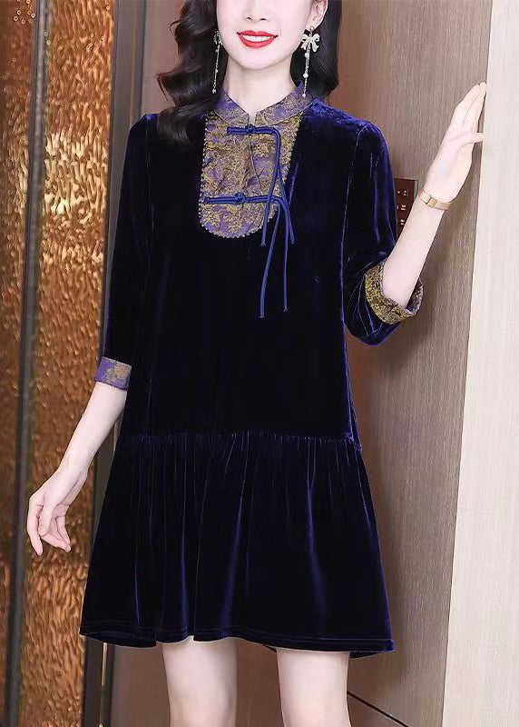 Purple Stand Collar Tasseled Patchwork Velour Mid Dress Fall