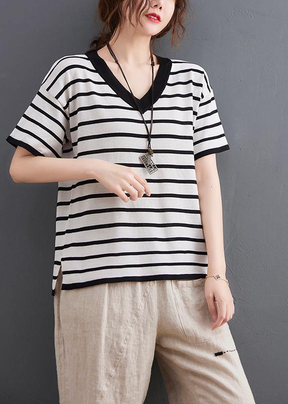 White Striped Cotton Linen Tops Summer