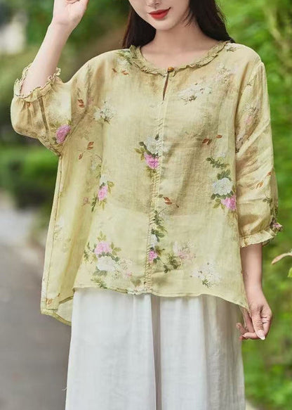 Yellow Ruffled Print Linen Blouse Bracelet Sleeve