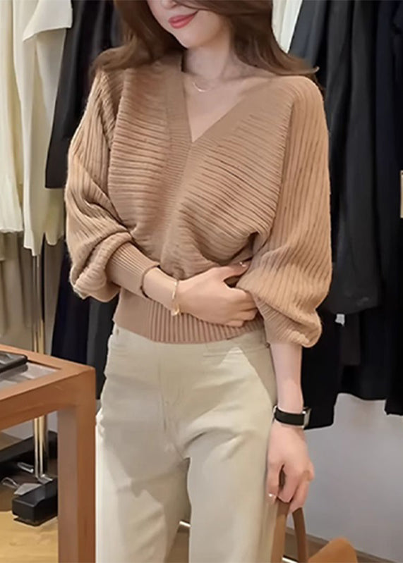 Khaki V Neck Patchwork Cozy Cotton Knit Sweater Fall