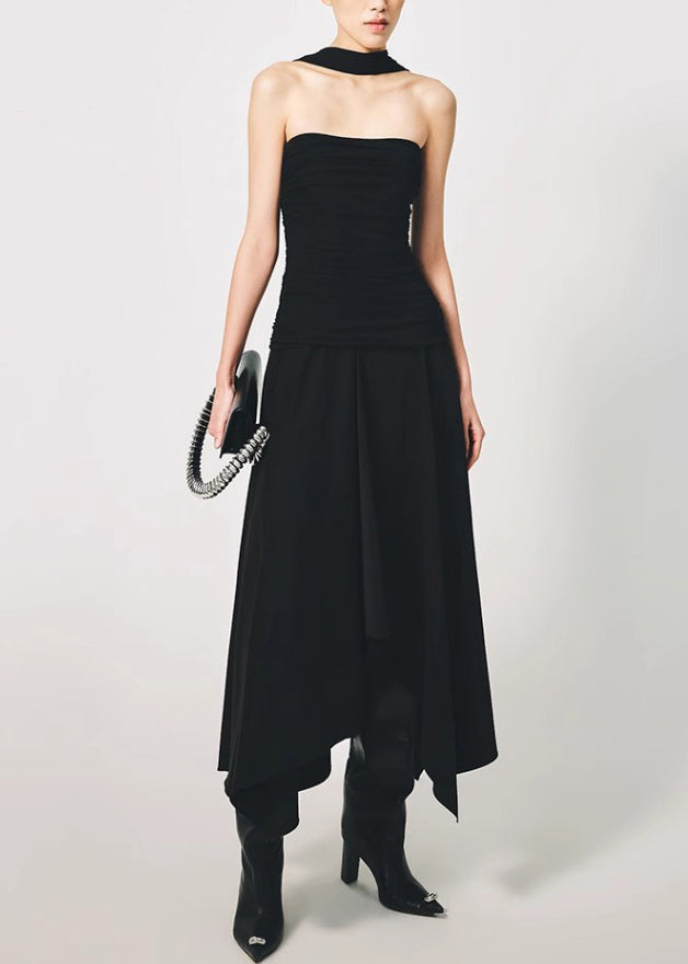 Italian Black Wrinkled Cotton Long Dress Sleeveless