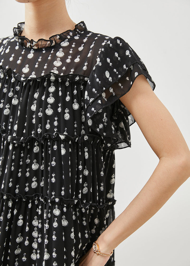 Classy Black Ruffled Print Chiffon Vacation Dresses Summer