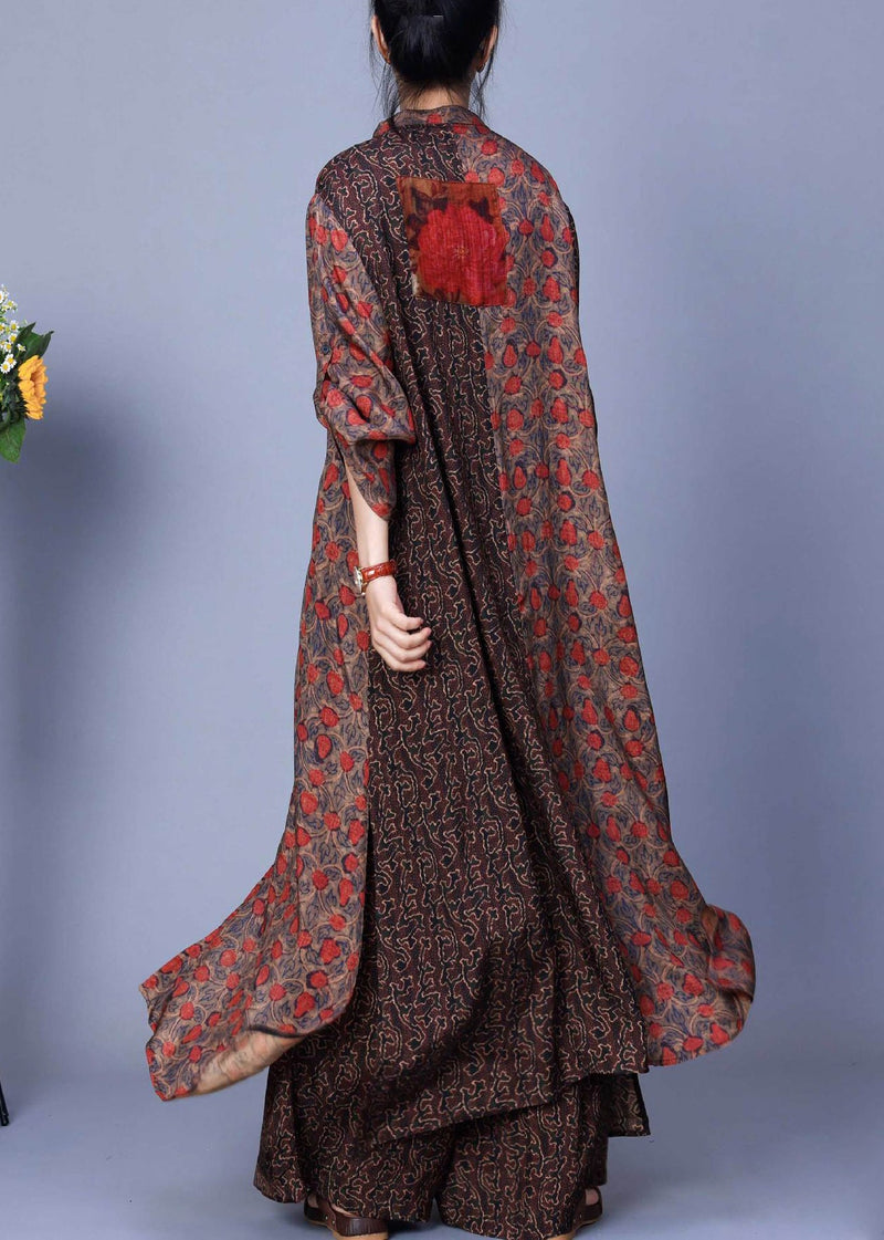 Coffee Print Tops and Wide Leg Pants Silk Two Pieces Set Spring