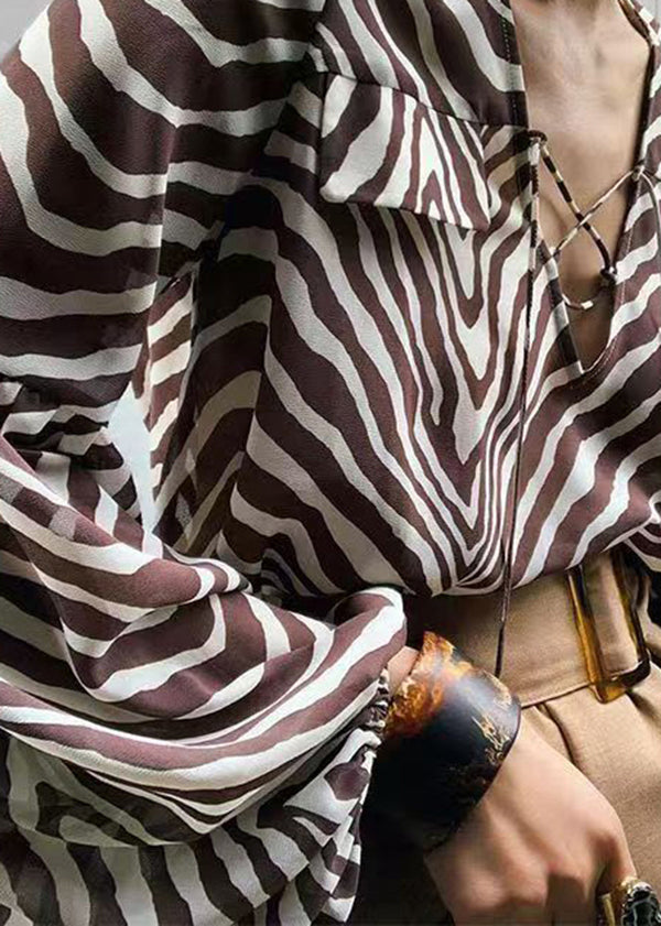 European and American Striped Printed Long Sleeved Lace Up Shirt