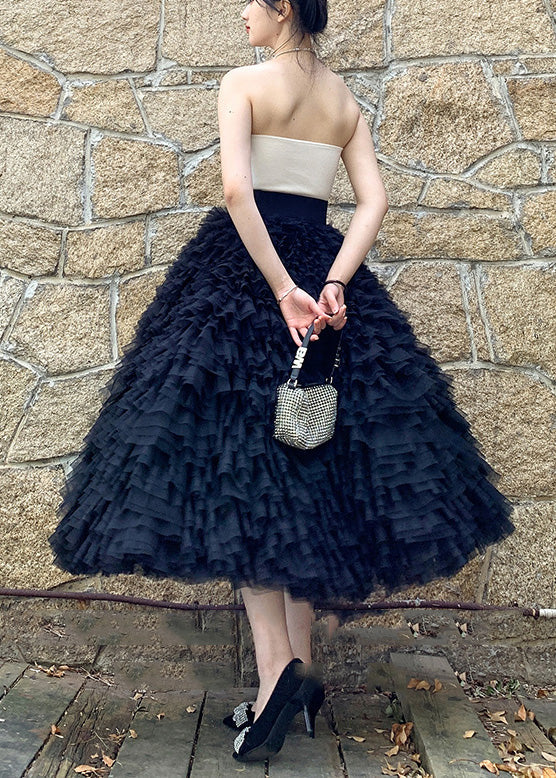 Black High Waist Patchwork Tulle Skirts Spring