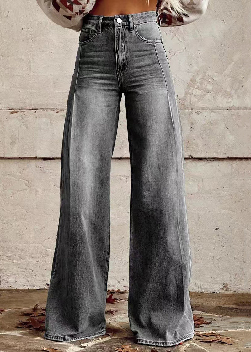 Loose Light Blue Button Pockets High Waist Denim Wide Leg Pants Spring